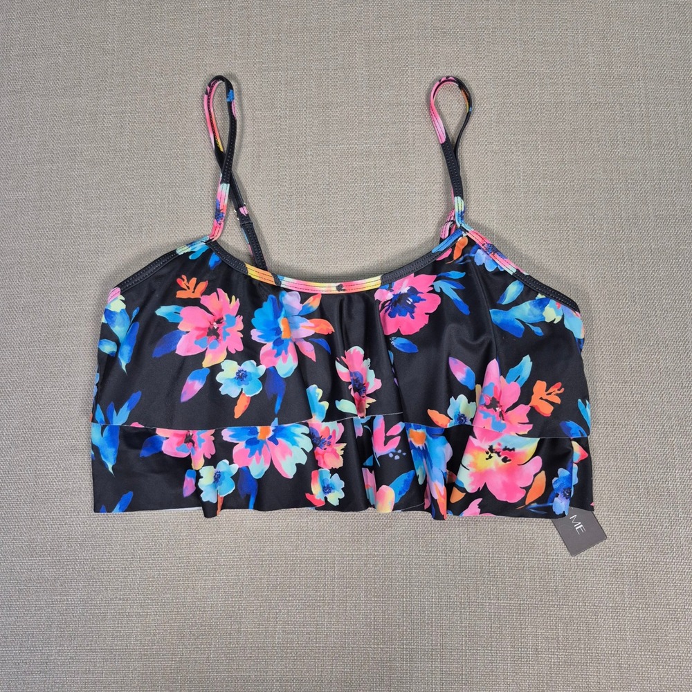 Tempt Me Floral Ruffle Bikini Only Top Black Multi Color Size M New with Tags